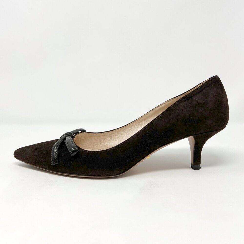 Prada Brown Suede Pointed-Toe Bow Pumps EU 37 Mid Heel | Made in Italy‎ - Picture 2 of 9